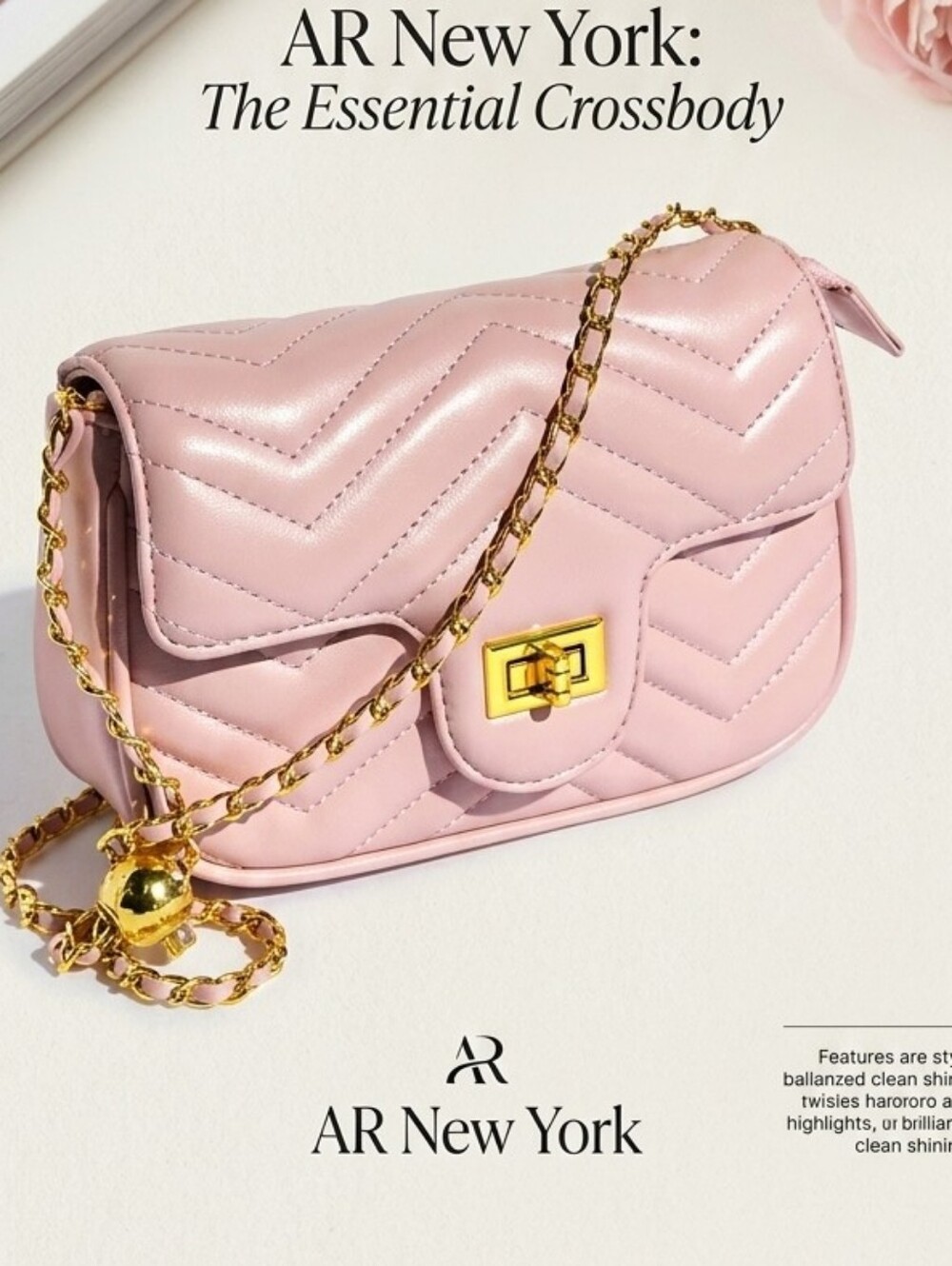AR New York Women's Quilted Pink Leather Crossbody Bag Chain Strap